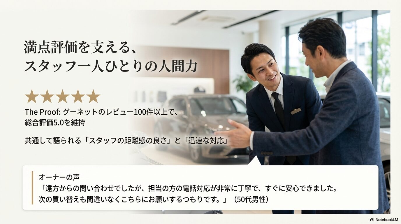 グーネットのレビューで総合評価5.0を維持していることを示す五つ星マークと、スタッフの丁寧な対応を称賛するクチコミが記載されたスライド。