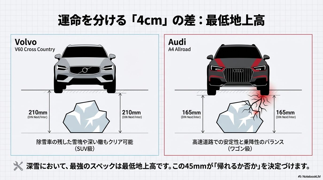 ボルボV60クロスカントリーとアウディA4オールロードクワトロの最低地上高比較