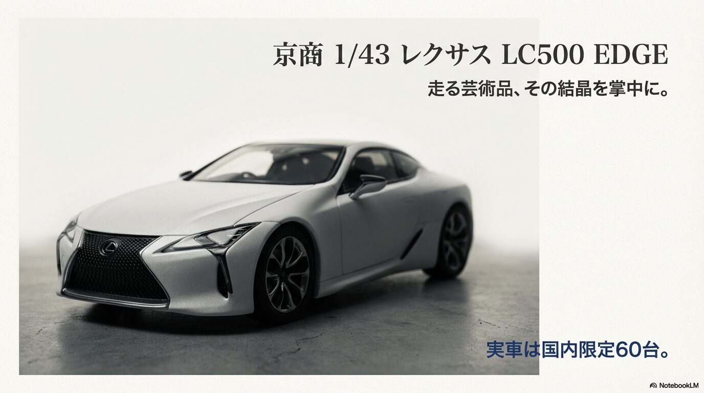 京商製1/43スケール「レクサス LC500 EDGE」ミニカーの全体像とキャッチコピー「走る芸術品、その結晶を掌中に。」