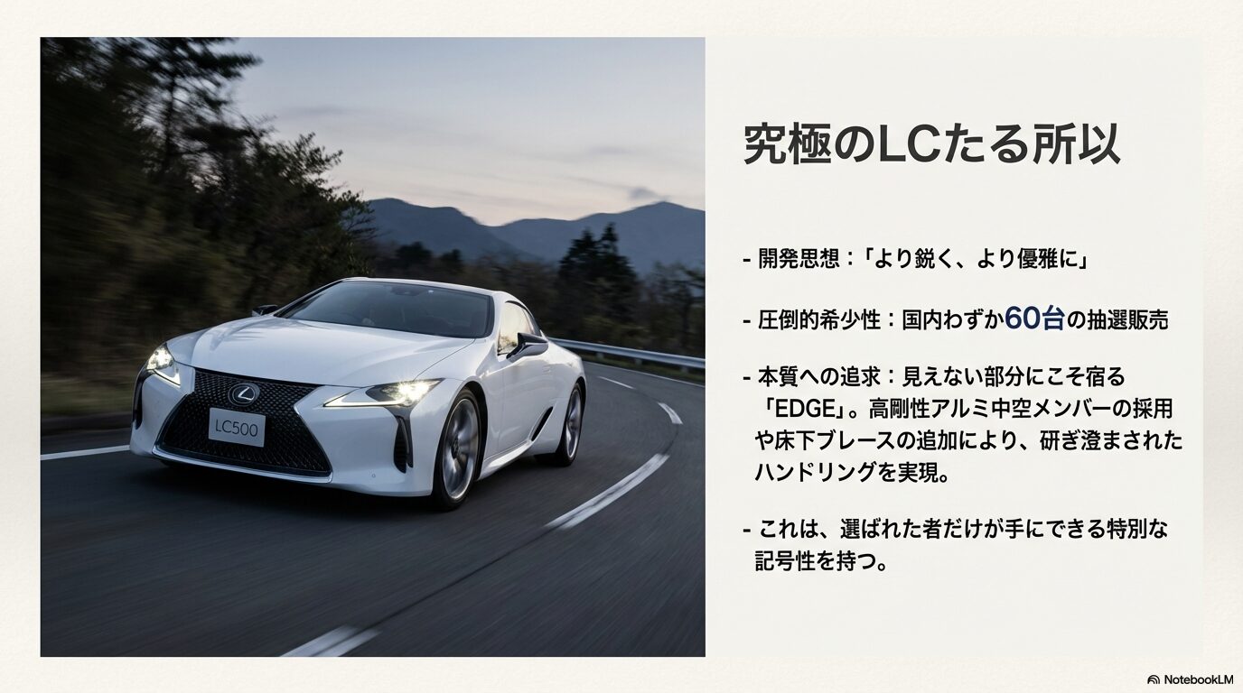 実車レクサス LC500 EDGEの走行シーンと、国内60台限定の抽選販売、高剛性アルミ中空メンバー採用などの技術解説。