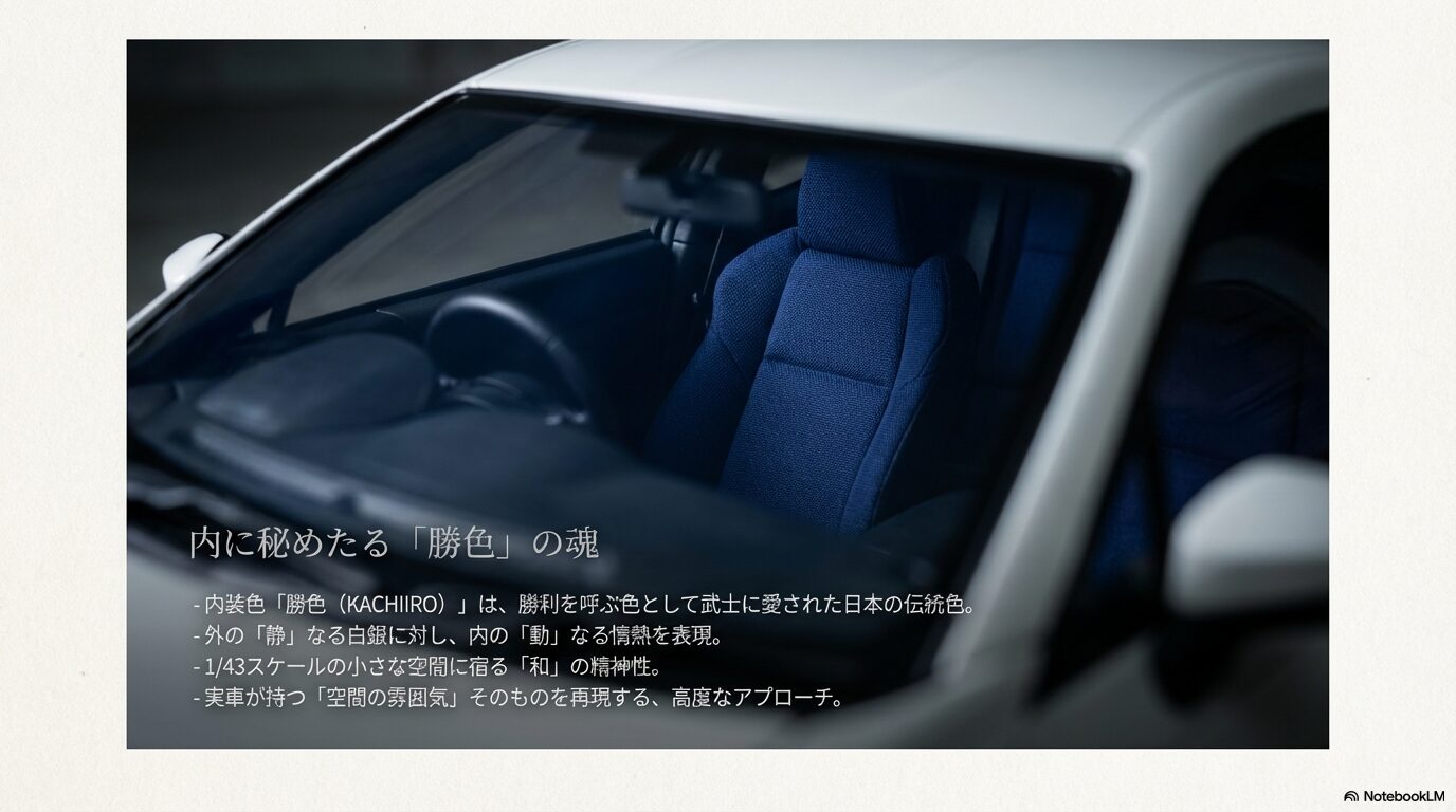 内装色「勝色（KACHIIRO）」の解説スライド。武士に愛された伝統色で内の情熱を表現し、和の精神性を再現。