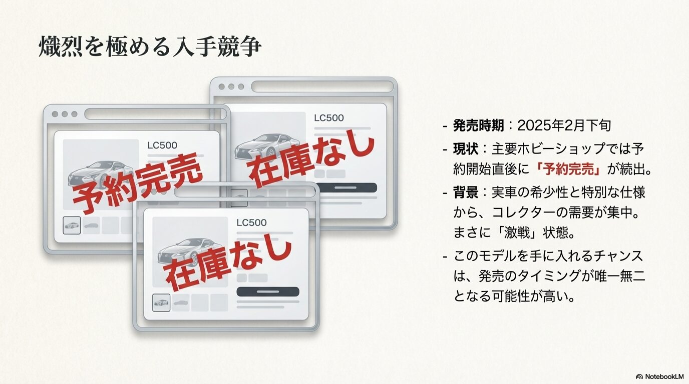 ホビーショップのウェブサイトで「予約完売」「在庫なし」が並ぶイメージ画像と、2025年2月下旬の発売時期に関する情報。