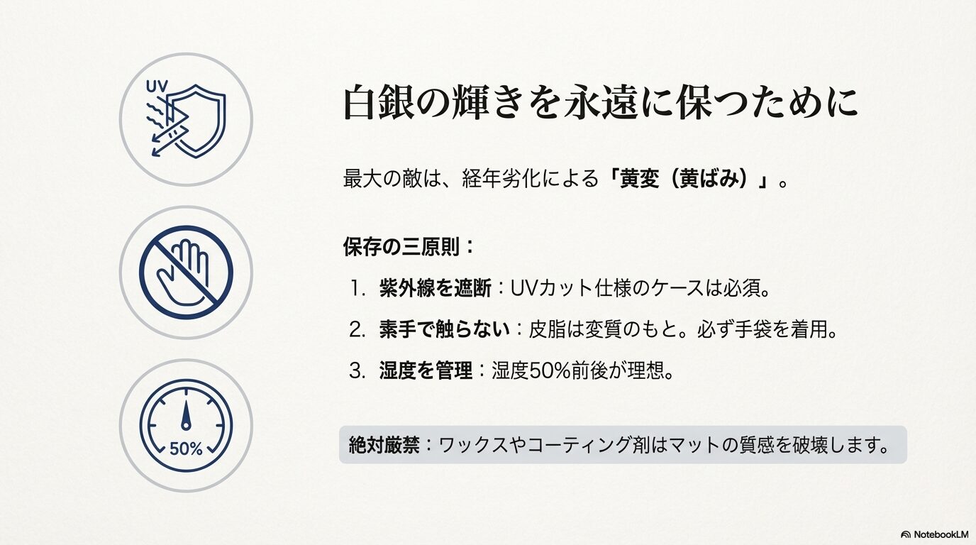 黄変を防ぐためのUV遮断、素手厳禁、湿度50%前後の管理についての解説。マット塗装へのワックス使用禁止の警告。