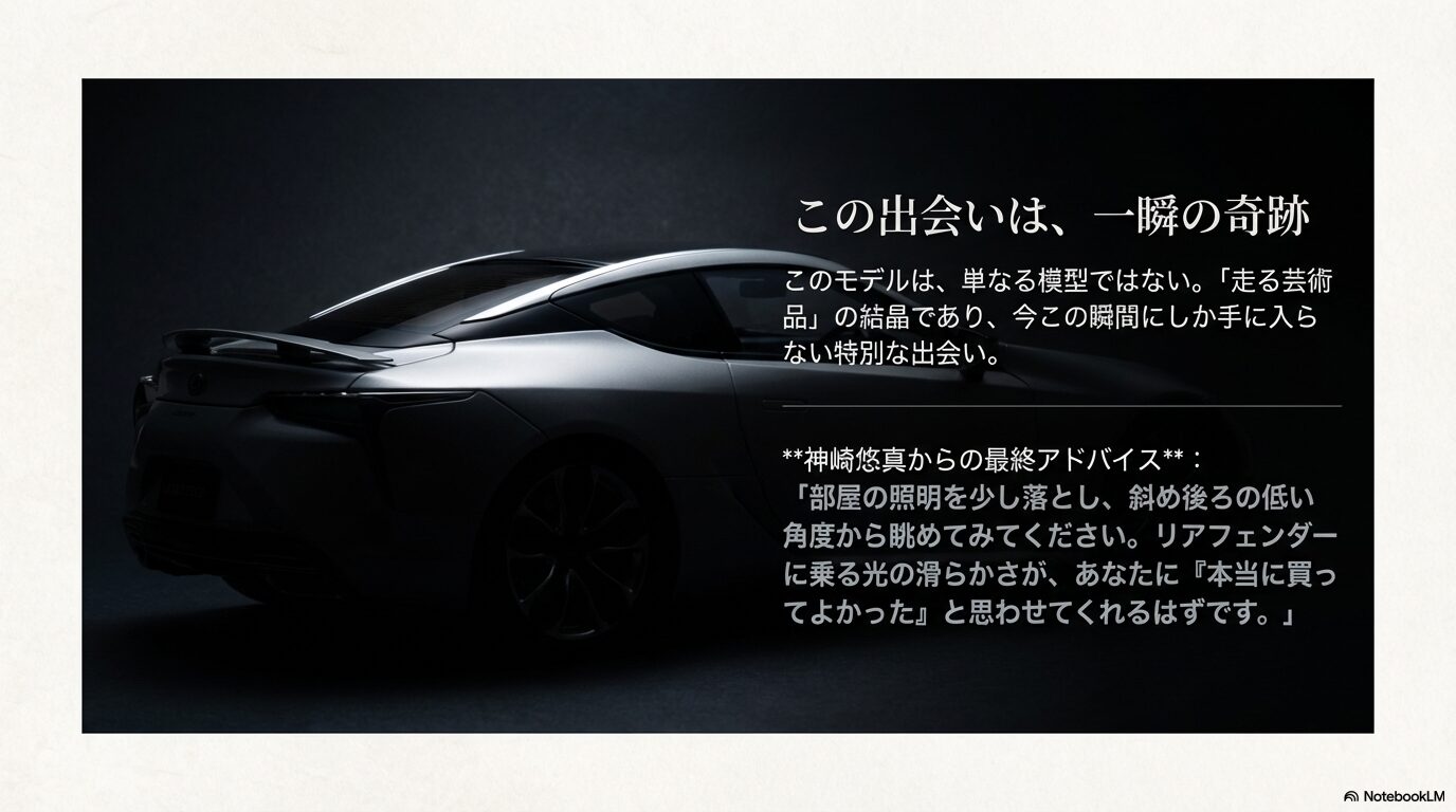 神崎悠真からの最終アドバイス。低い角度から眺める楽しみ方と、「走る芸術品」としての本モデルへのメッセージ。